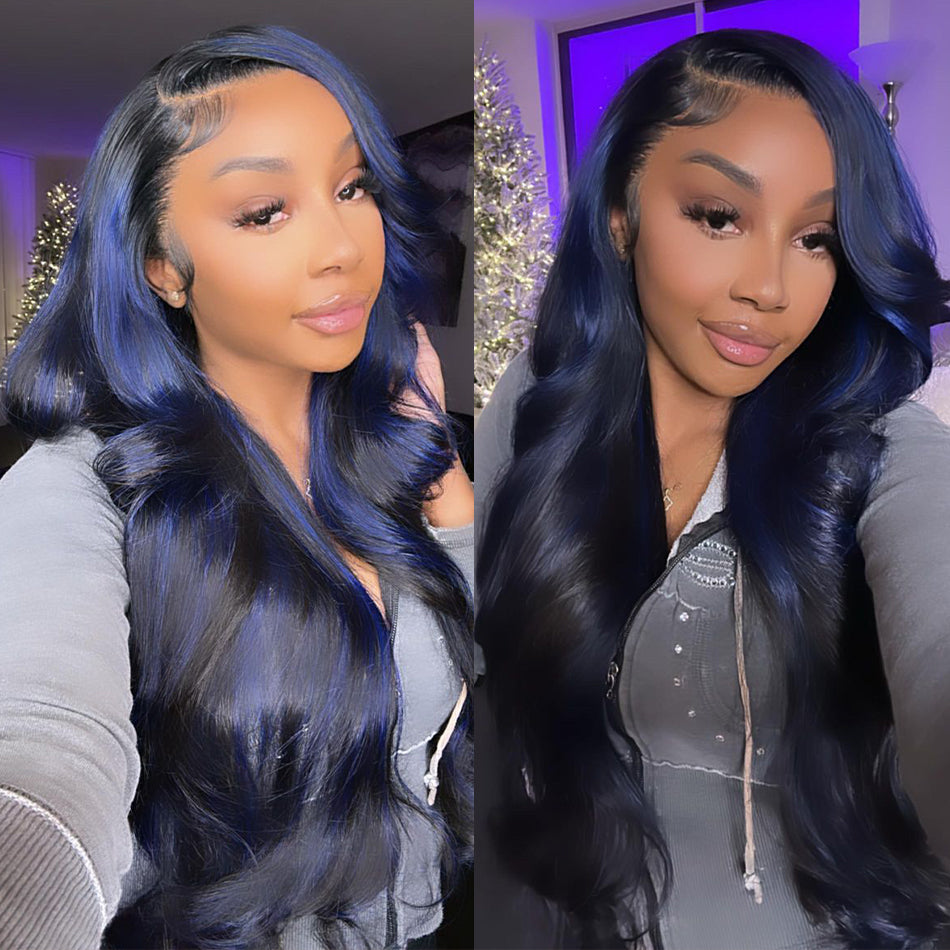 Gluna Hair 1b/blue Highlight Body Wave Transparent Lace Frontal Wig