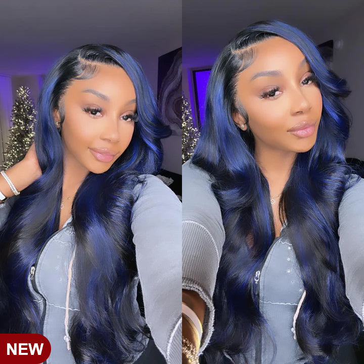 Gluna Hair 1b/blue Highlight Body Wave Transparent Lace Frontal Wig