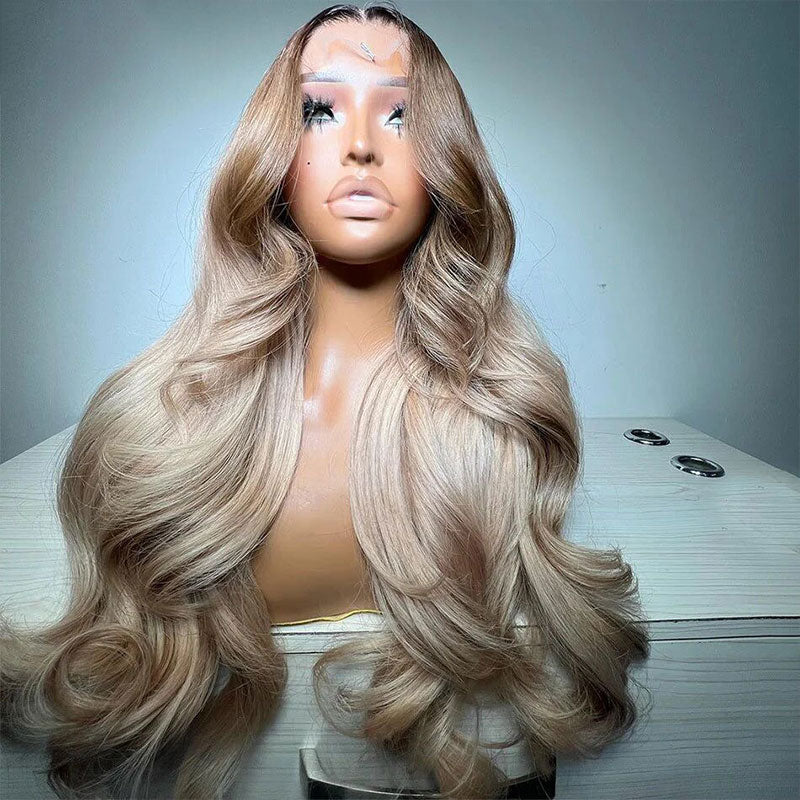 Gluna Hair New Arrival Ombre Ash Blonde Dark Root Color Body Wave Human Wavy Wig