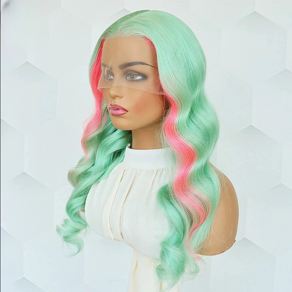 Gluna Hair New Arrival TL Pink Light Green Color Body Wave Human Wavy Wig