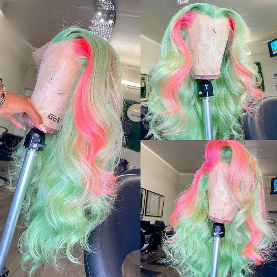 Gluna Hair New Arrival TL Pink Light Green Color Body Wave Human Wavy Wig