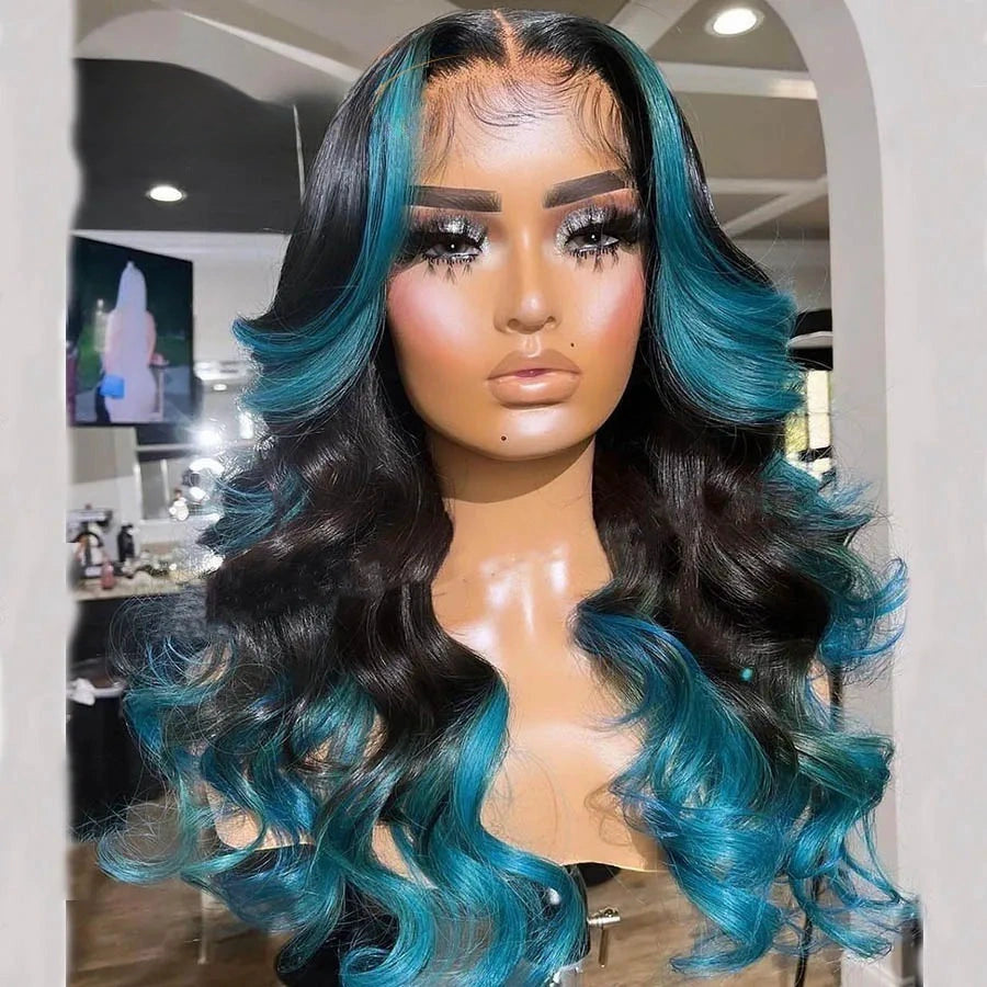 Gluna Hair New Arrival Highlight TL Blue With Black Color Body Wave Human Wavy Wig