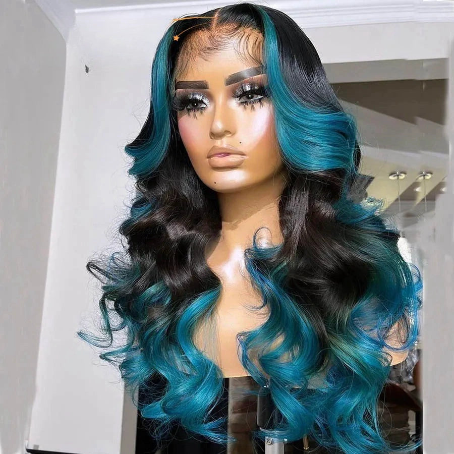 Gluna Hair New Arrival Highlight TL Blue With Black Color Body Wave Human Wavy Wig