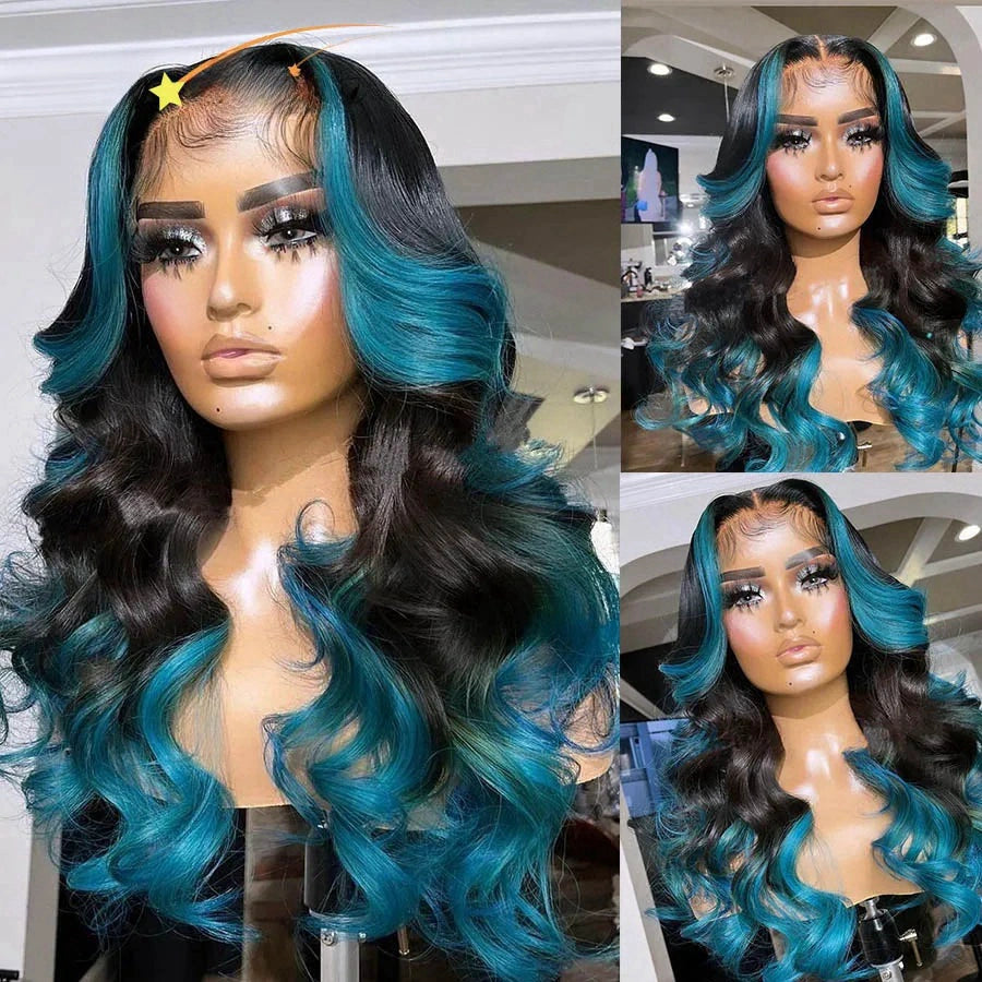 Gluna Hair New Arrival Highlight TL Blue With Black Color Body Wave Human Wavy Wig