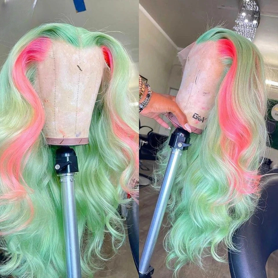 Gluna Hair New Arrival TL Pink Light Green Color Body Wave Human Wavy Wig
