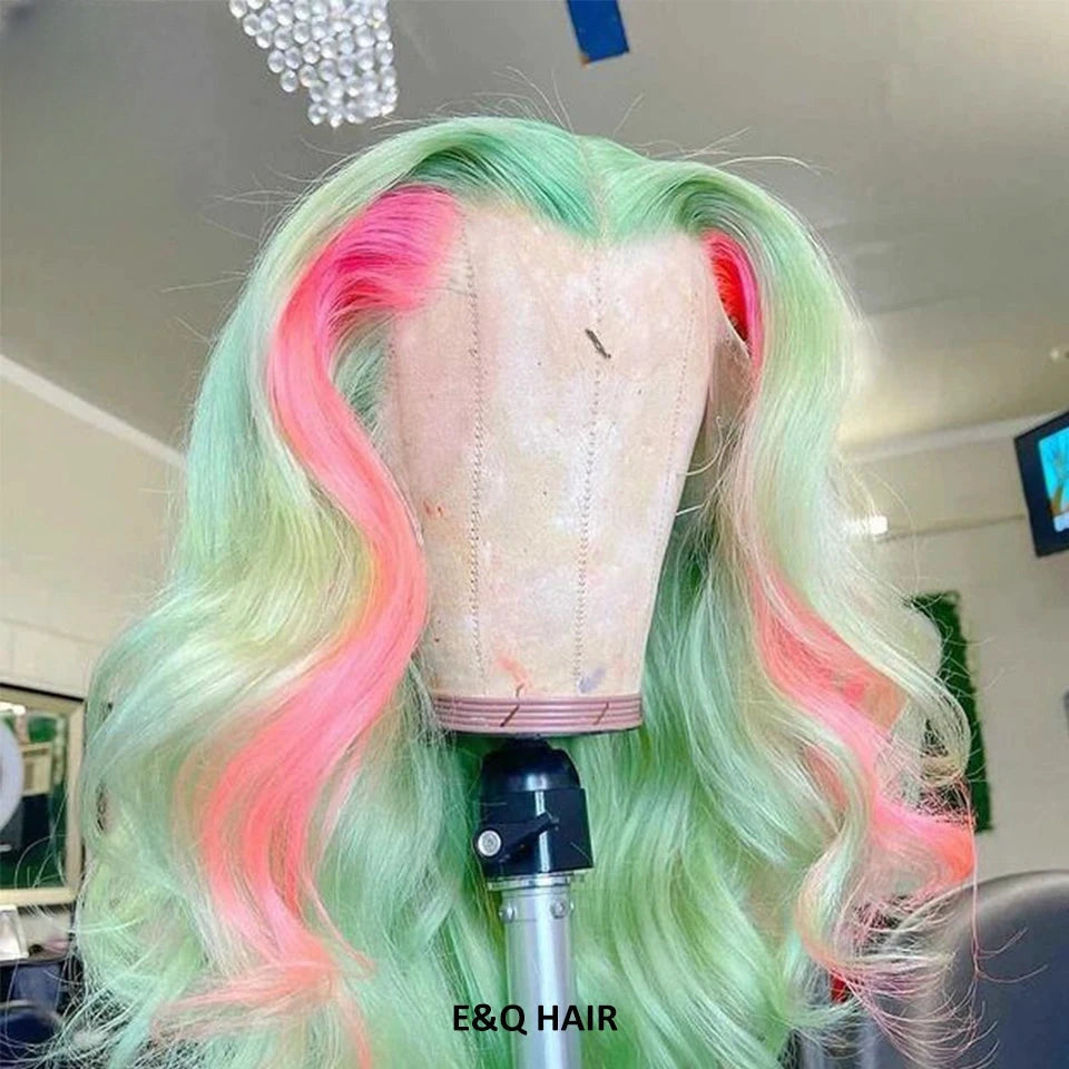 Gluna Hair New Arrival TL Pink Light Green Color Body Wave Human Wavy Wig