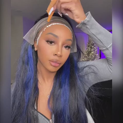 Gluna Hair 1b/blue Highlight Body Wave Transparent Lace Frontal Wig