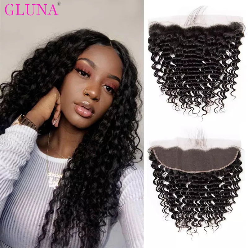 Gluna Brazilian Deep Wave Lace Frontal 13×4 13x6 Free Part Natural Color 100% Virgin Human Hair