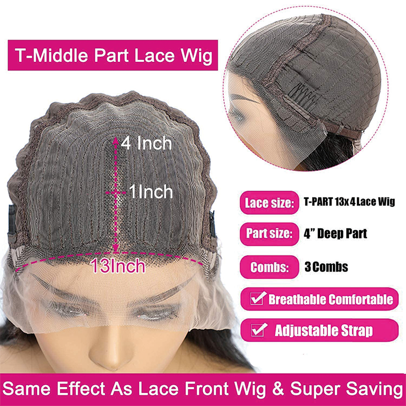 T Part 13x4x1 Water Wave Lace Front Wigs for Black Women, T Shape Middle Part 13x4x1 Lace Frontal Wigs 150 Density Brazilian Virgin Unprocessed Human Hair Wet and Wavy Natural Color
