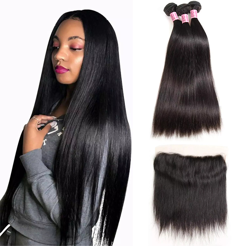 Free Shippng Gluna Hair 8A Grade Straight Virgin Hair 3Bundles With Frontal 100% Human Hair Extension Natural Black