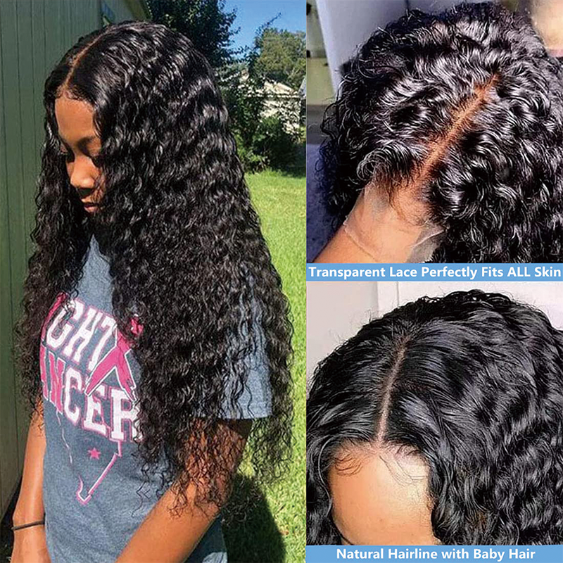 Water Wave Human Hair Wig Brazilian T Part Curly Lace Front wig HD Transparent Lace Front Wigs Human Hair Pre Plucked with Baby Hair 4x4x0.5 T Part water wave lace front wigs human hair