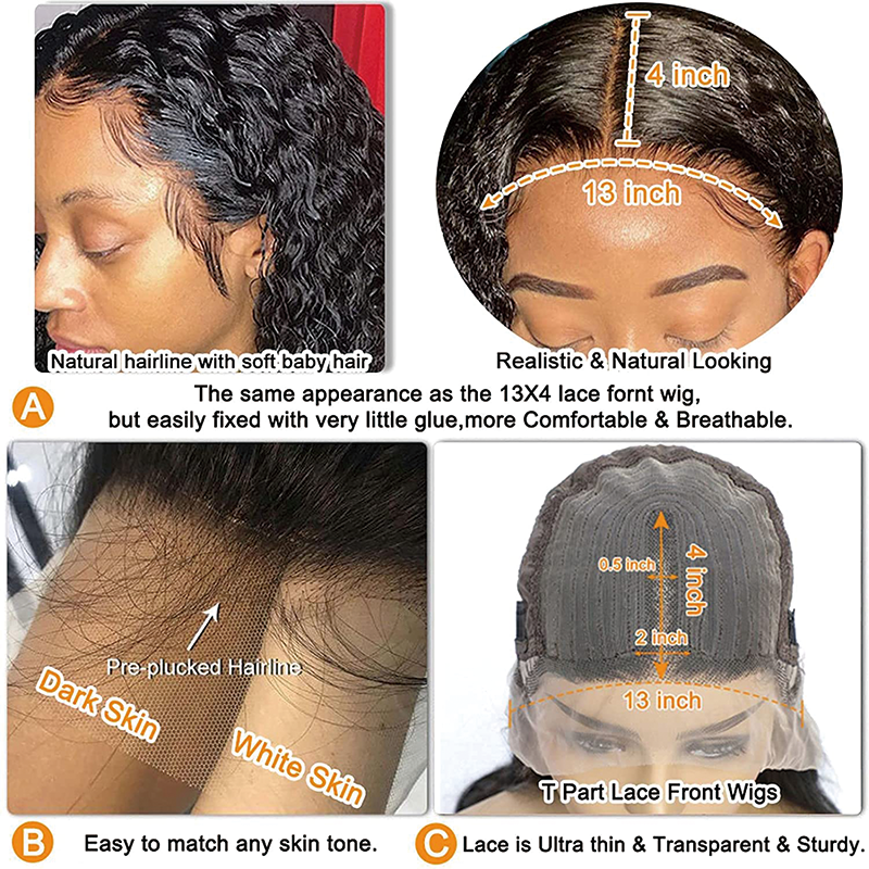 T Part 13x4x1 Water Wave Lace Front Wigs for Black Women, T Shape Middle Part 13x4x1 Lace Frontal Wigs 150 Density Brazilian Virgin Unprocessed Human Hair Wet and Wavy Natural Color