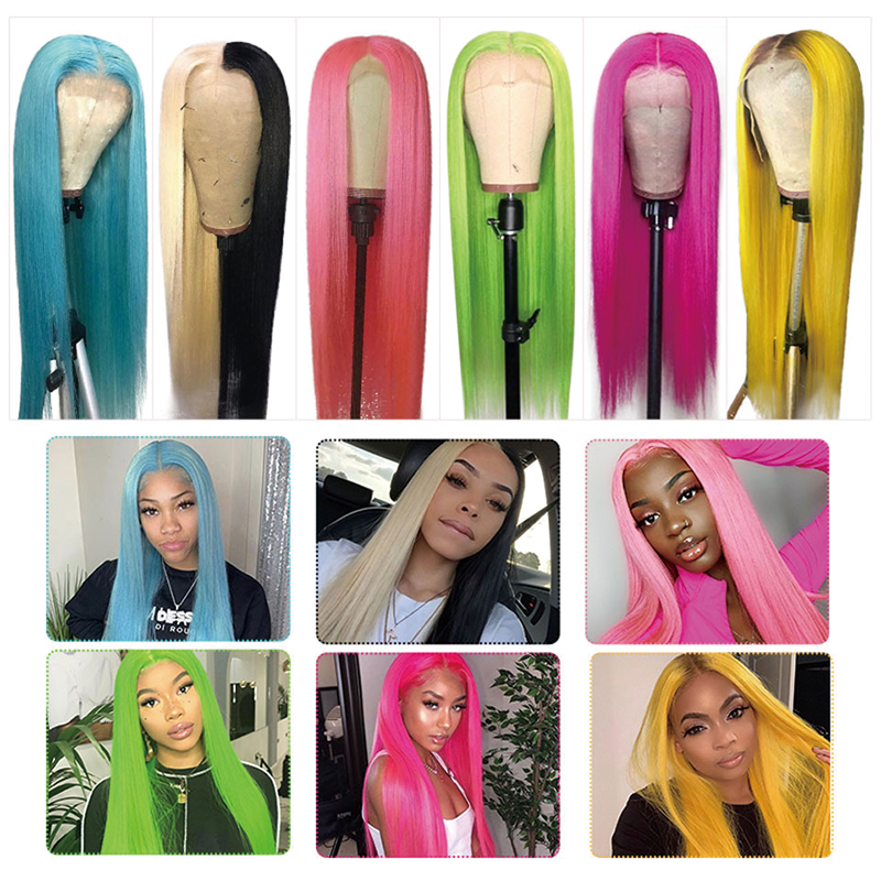 【Buy 1 Get 1 Free】Gluna  Straight Pink Wig 4X4  Lace closure Wig 613 Virgin Blue Purple Green Red Colored Human Hair Wigs