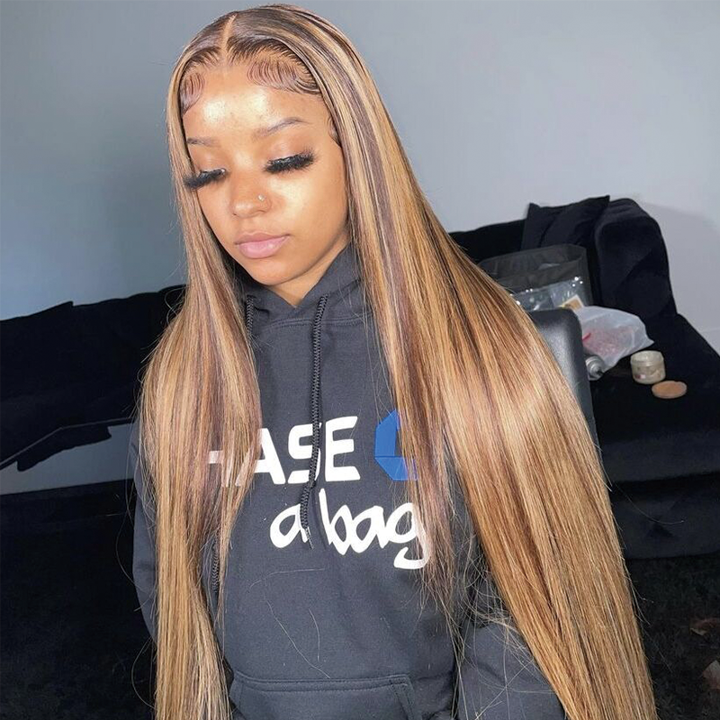 Gluna 13×4 13x6 HD Lace Frontal Wig Straight Highlight #4/27 Brown and Honey Blonde Color Human Virgin Hair
