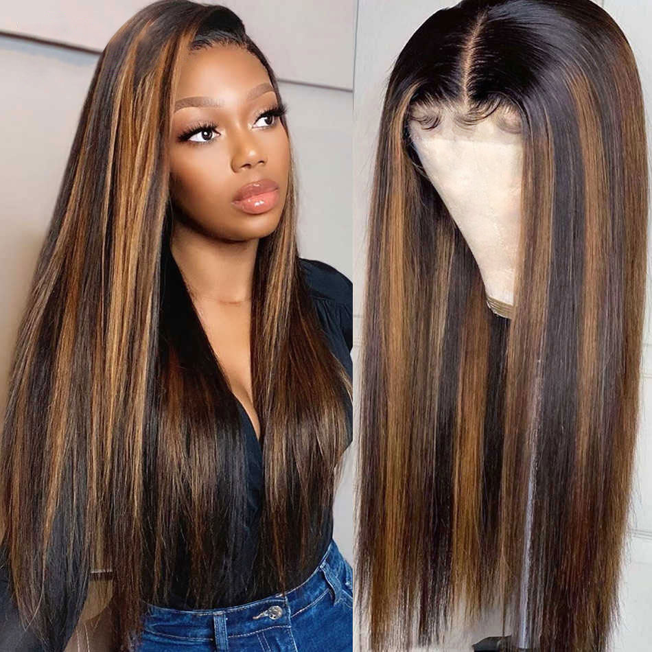 【Buy 1 Get 1 Free】Gluna Hair 1b/30# Highlights Straight Black Dark Blonde Brazilian Transparent Lace Wig Pre Plucked Free Part 1PC