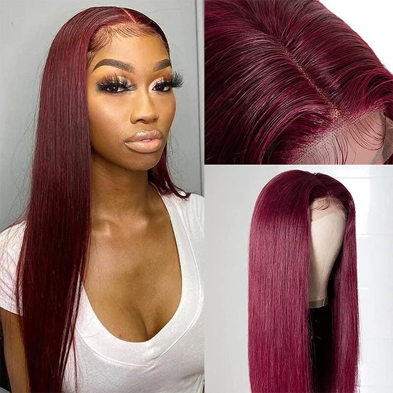 【30"=$198.89】Gluna 4×4 Lace Closure Wig 99j Color Silk Straight Human Virgin Hair Pre Plucked With Natural Baby Hair