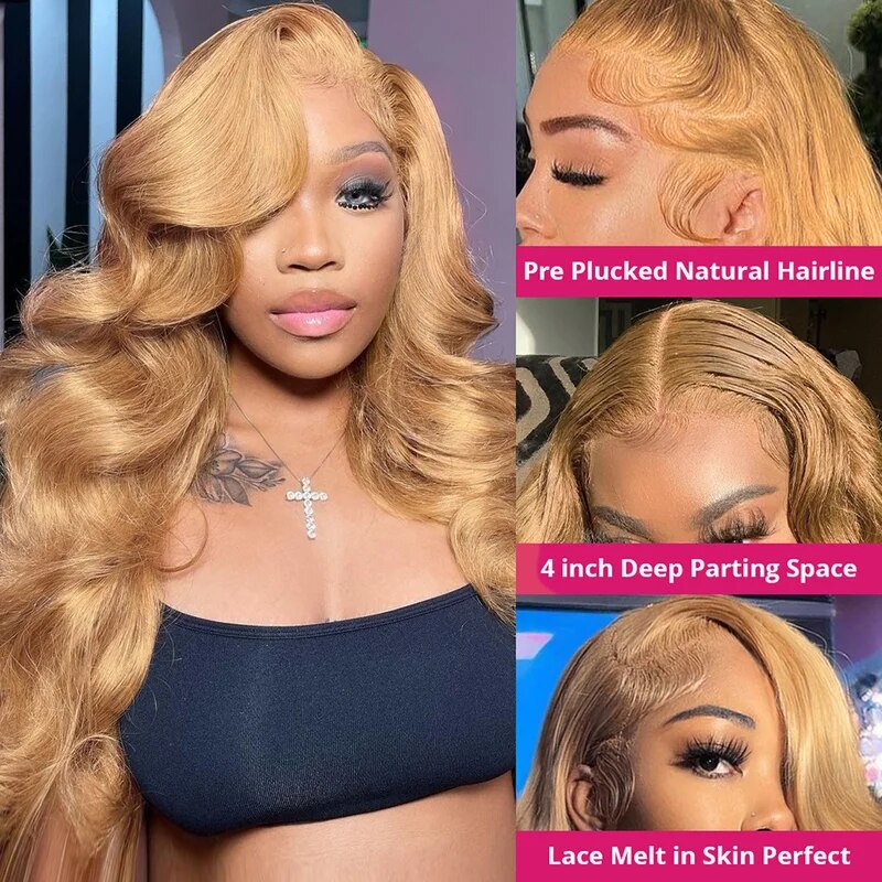 Gluna Honey Blonde #27 Color Body Wave 13x6 13x4 Lace Frontal/Closure Wig Human Virgin Hair Wig
