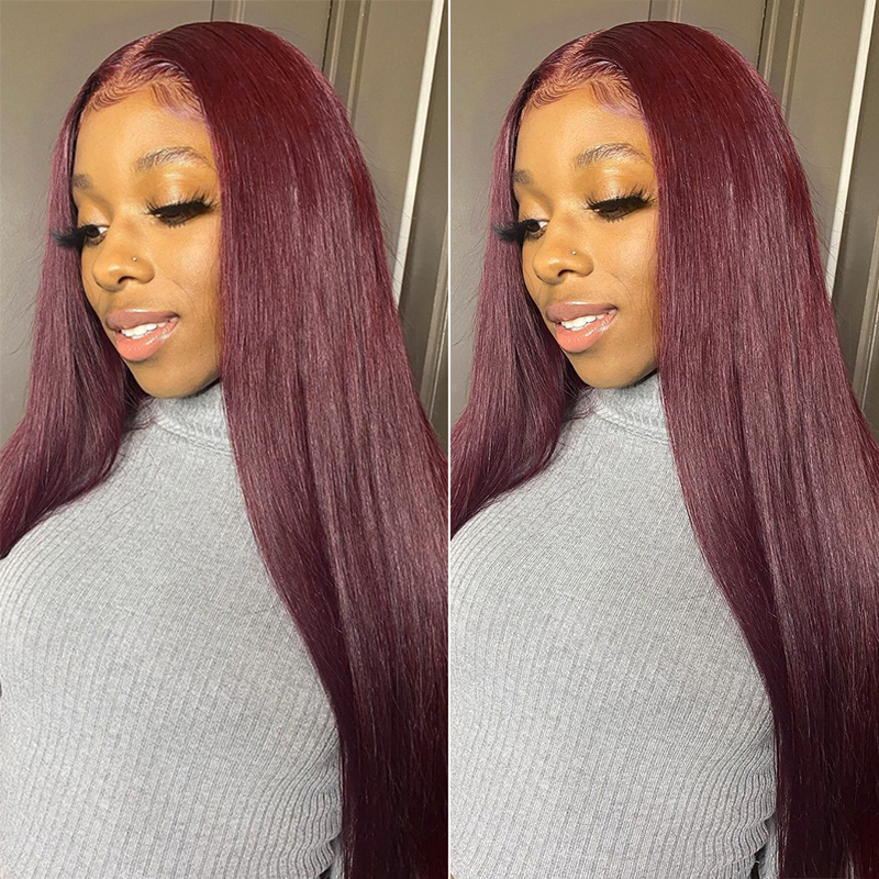 【Buy 1 Get 1 Free】Gluna 4×4 Lace Closure Wig 99j Color Silk Straight Human Virgin Hair Pre Plucked With Natural Baby Hair