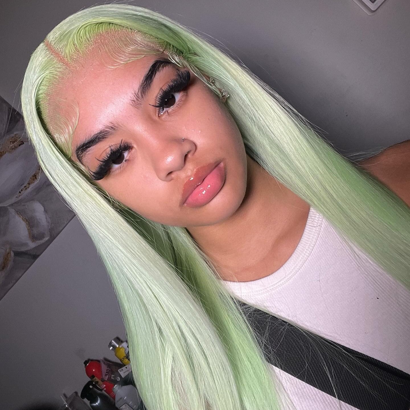 Gluna Hair Mint Green Straight Transparent Lace Frontal Wig 100% Human Hair 1Piece