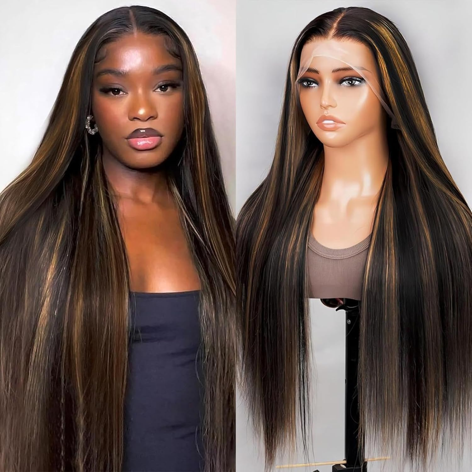 【Buy 1 Get 1 Free】Gluna Hair 1b/30# Highlights Straight Black Dark Blonde Brazilian Transparent Lace Wig Pre Plucked Free Part 1PC