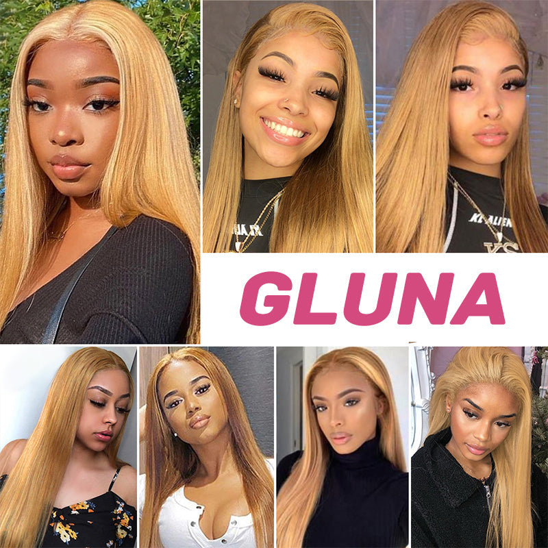 Gluna Glueless 13x4 HD Lace Wear Go Straight Wig Honey Blonde #27 Color Tiny Knots Pre-Bleached