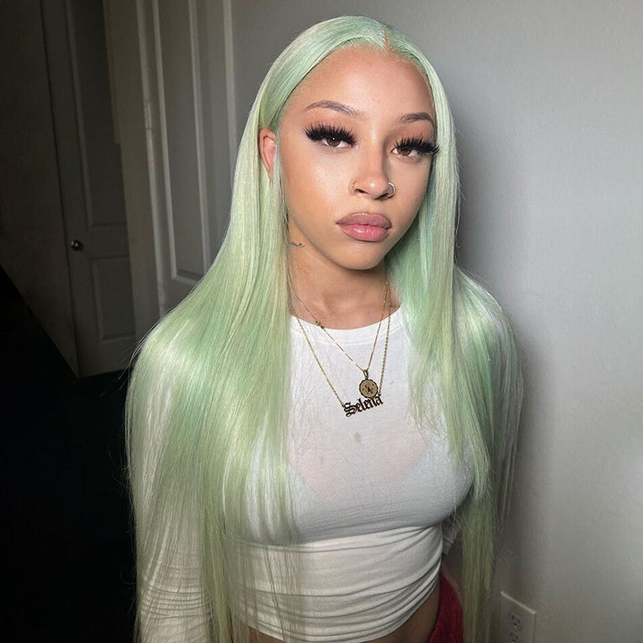 Gluna Hair Mint Green Straight Transparent Lace Frontal Wig 100% Human Hair 1Piece