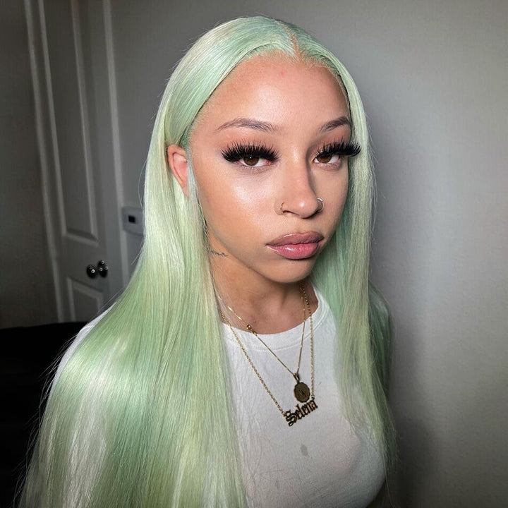 Gluna Hair Mint Green Straight Transparent Lace Frontal Wig 100% Human Hair 1Piece