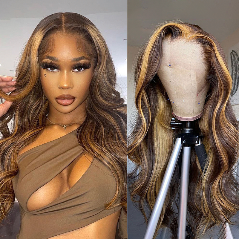 【Buy 1 Get 1 Free】Gluna 13×4  Lace Frontal Wig Body Wave Highlight #4/27 Brown and Honey Blonde Color Human Virgin Hair