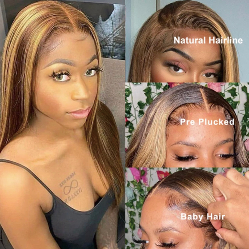 Gluna 13×4 13x6 HD Lace Frontal Wig Straight Highlight #4/27 Brown and Honey Blonde Color Human Virgin Hair