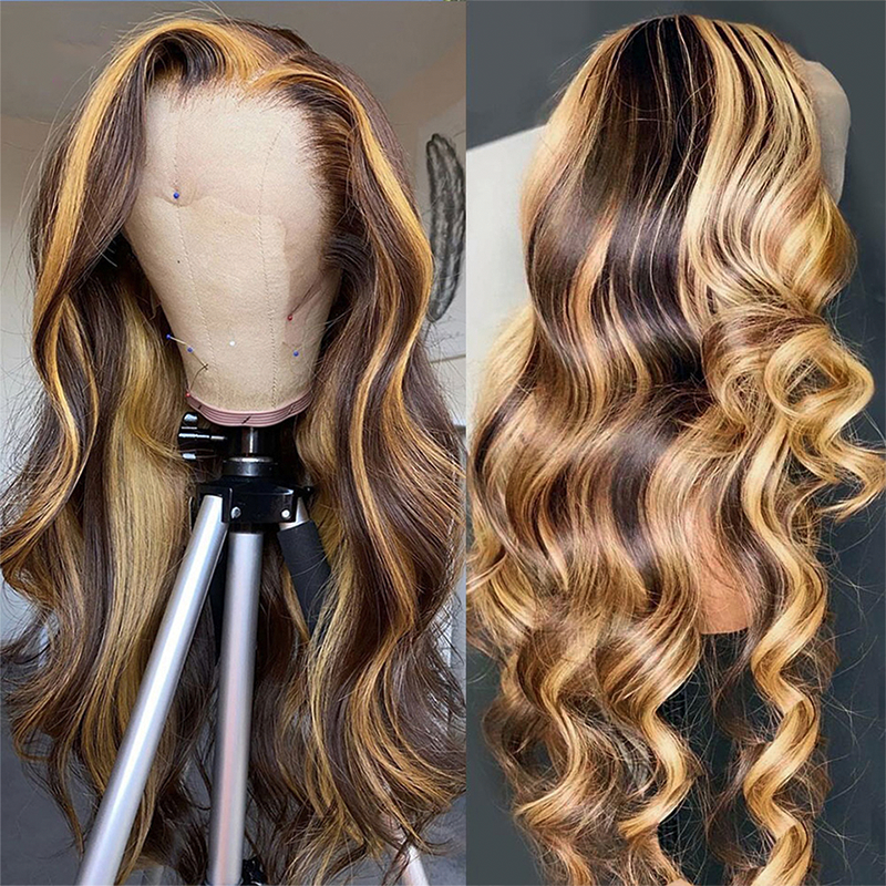 【Buy 1 Get 1 Free】Gluna 13×4  Lace Frontal Wig Body Wave Highlight #4/27 Brown and Honey Blonde Color Human Virgin Hair