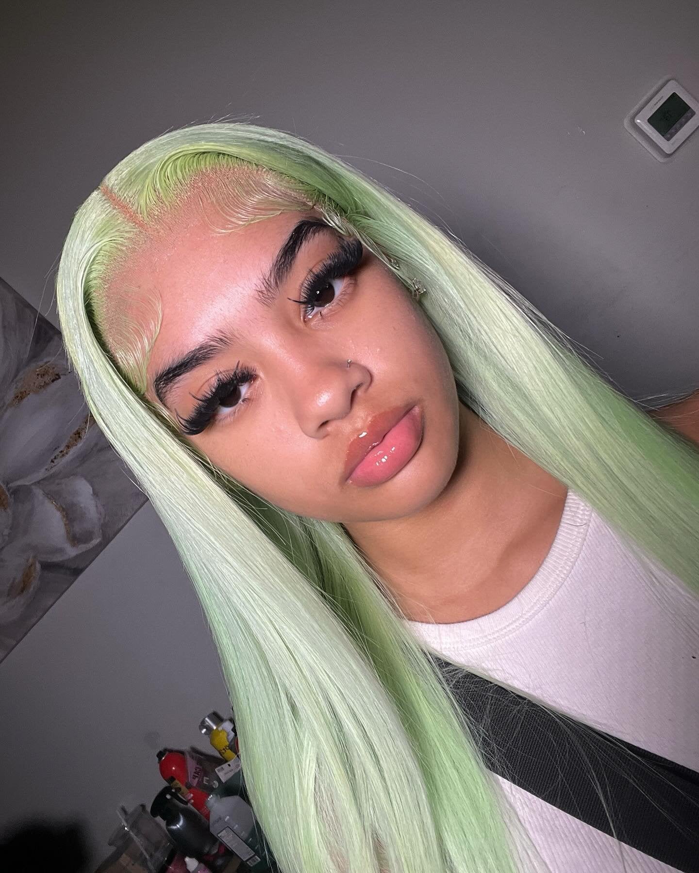 Gluna Hair Mint Green Straight Transparent Lace Frontal Wig 100% Human Hair 1Piece