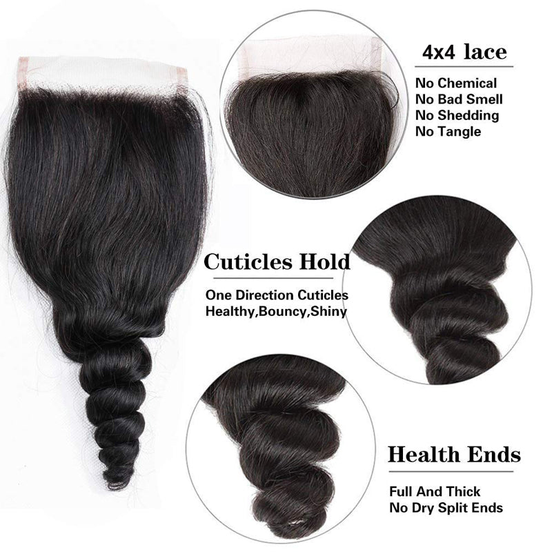 Free Shippng Gluna Hair 8A Grade Loose Wave Virgin Hair 4Bundles With Closure 100% Human Hair Extension Natural Black