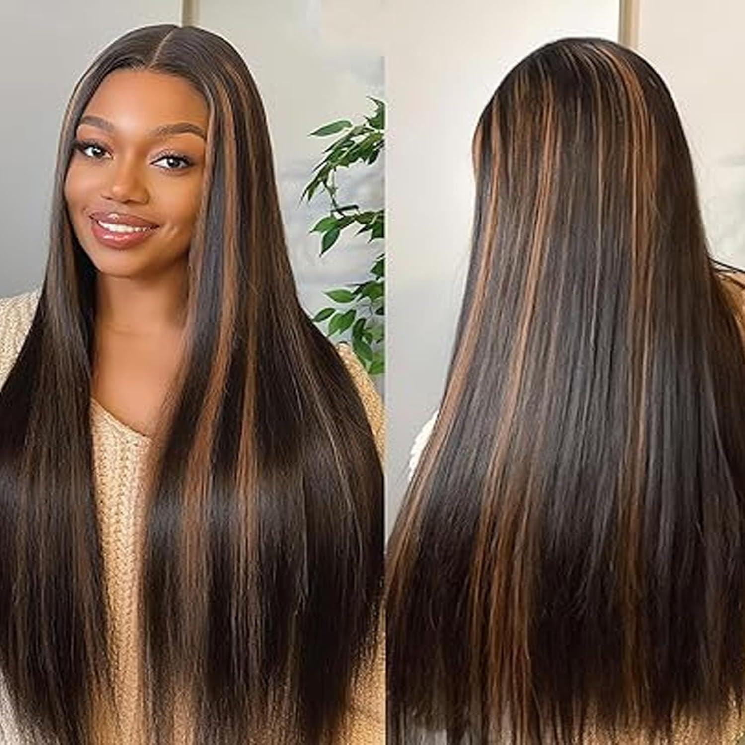 【Buy 1 Get 1 Free】Gluna Hair 1b/30# Highlights Straight Black Dark Blonde Brazilian Transparent Lace Wig Pre Plucked Free Part 1PC