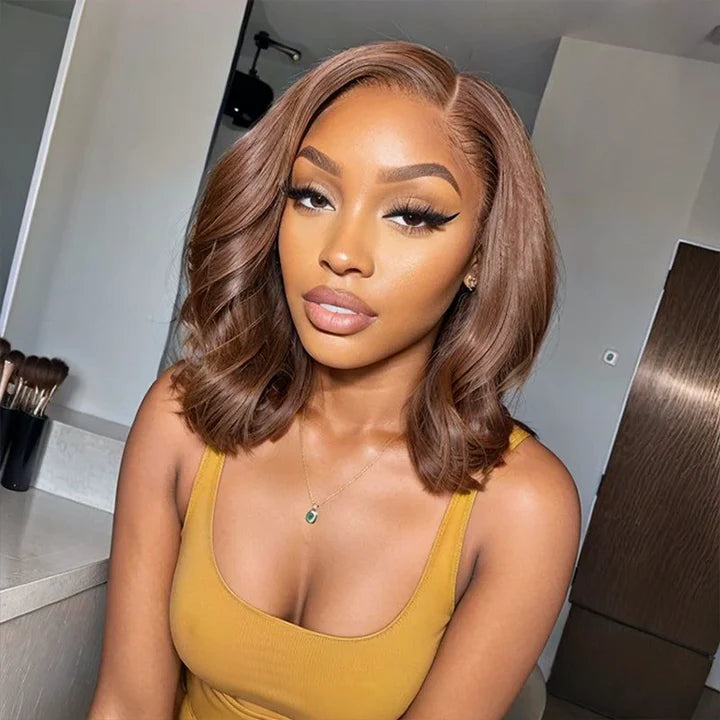 Gluna Short Bob #4 Chocolate Brown Color Body Wave Lace Frontal/Closure Bob Wig Human Virgin Hair Short Hair