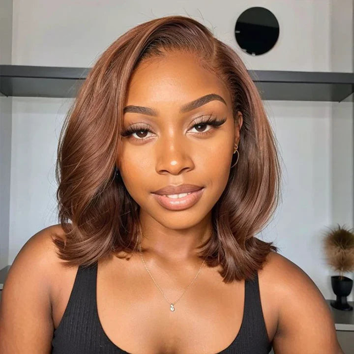 Gluna Short Bob #4 Chocolate Brown Color Body Wave Lace Frontal/Closure Bob Wig Human Virgin Hair Short Hair