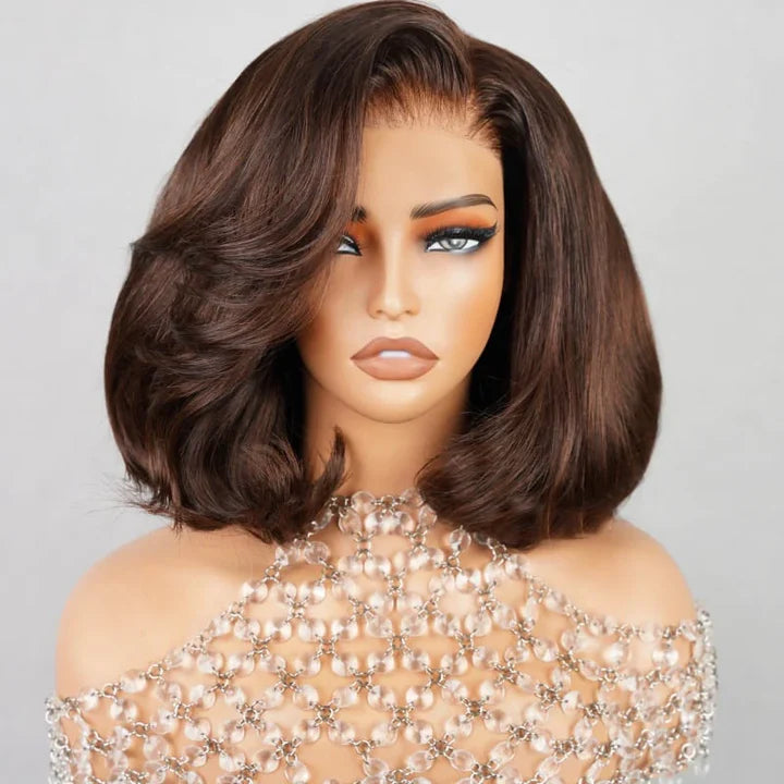 Gluna Short Bob #4 Chocolate Brown Color Body Wave Lace Frontal/Closure Bob Wig Human Virgin Hair Short Hair