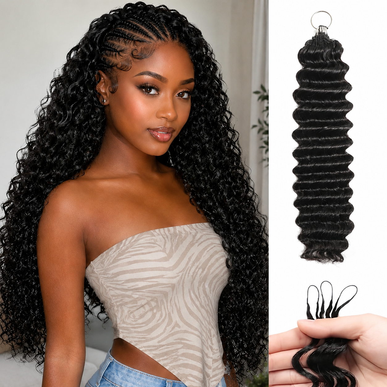 Deep Wave Human Crochet hair Knotless Pre-Separated Feather Crochet Hair Extensions 100% Human Hair Natural Color