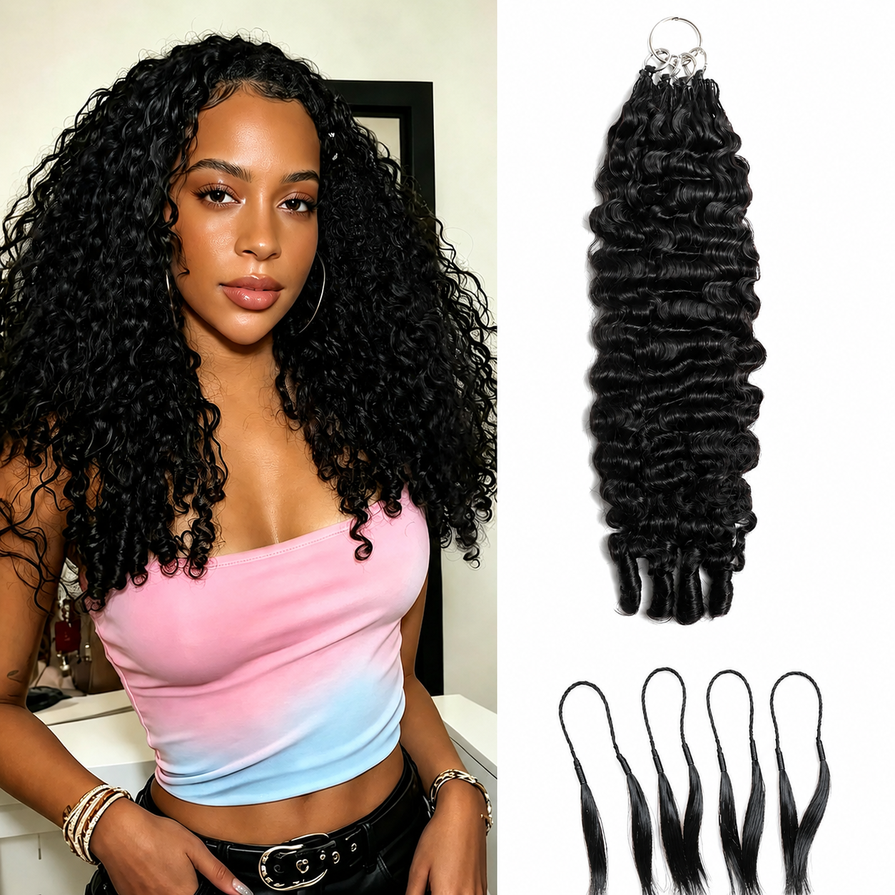 Burmese Curly Human Crochet hair Knotless Pre-Separated Feather Crochet Hair Extensions 100% Human Hair Natural Color