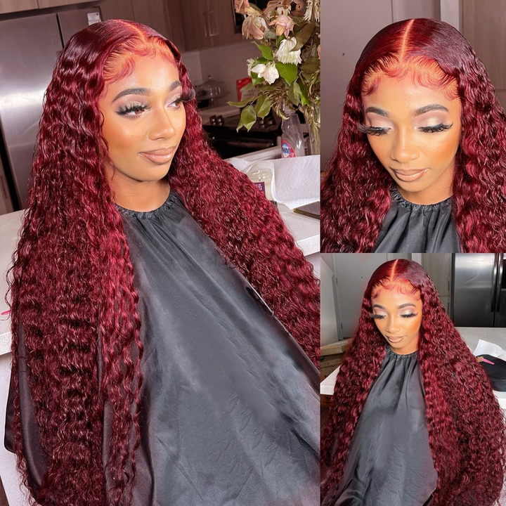【Buy 1 Get 1 Free】Gluna 13x6 Lace Frontal Wig Burgundy Color Jerry Curly Human Virgin Hair Pre Plucked With Natural Baby Hair