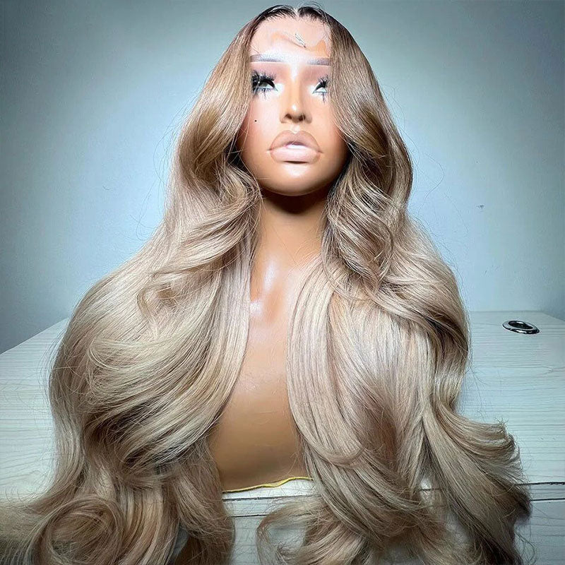 Gluna Hair New Arrival Ombre Ash Blonde Dark Root Color Body Wave Human Wavy Wig