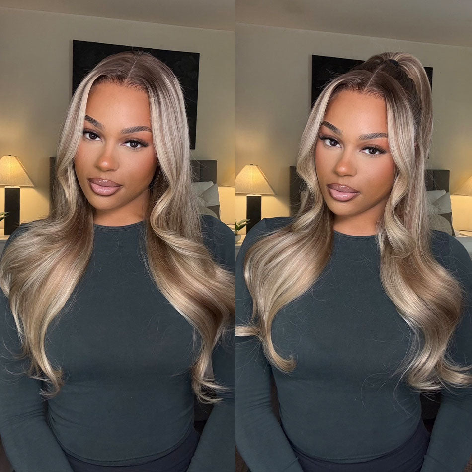 Gluna  Body Wave Light Grey Gold Highlight Colored 13×4/13X6 Lace Front Human Hair Wigs