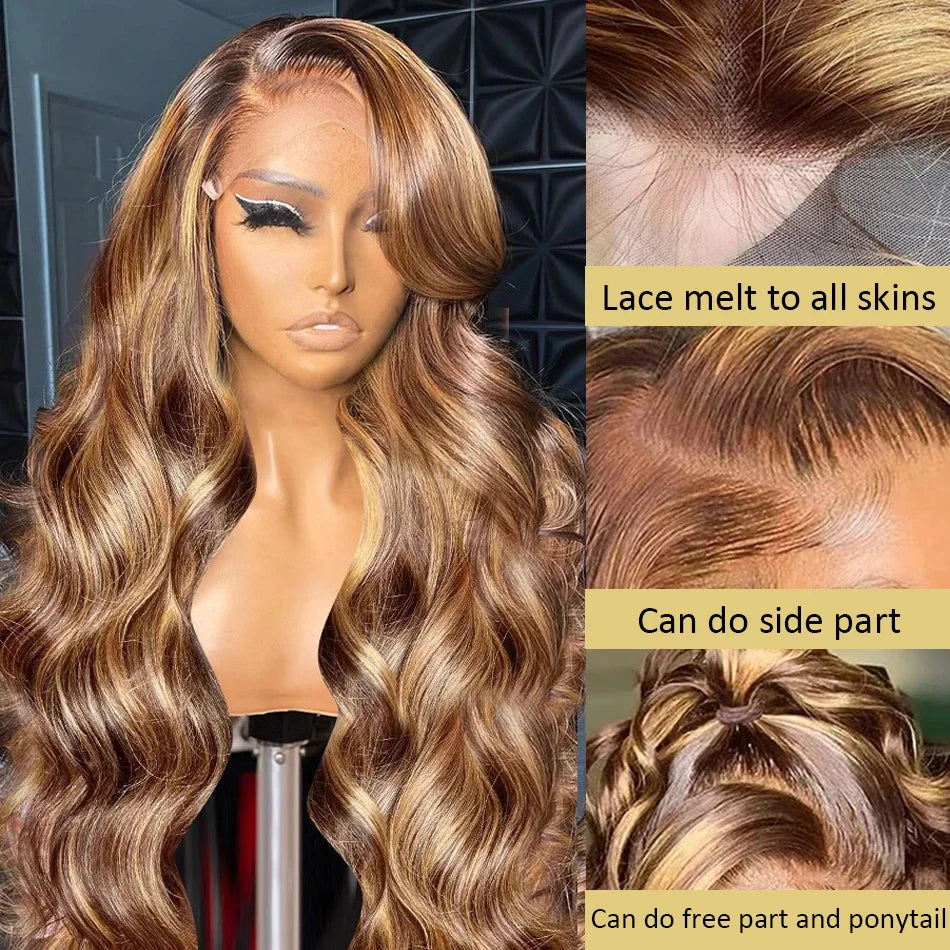 Gluna Highlight #4/27 Brown and Honey Blonde Color 13×4 13x6 HD Lace Frontal Wig Body Wave  Human Virgin Hair