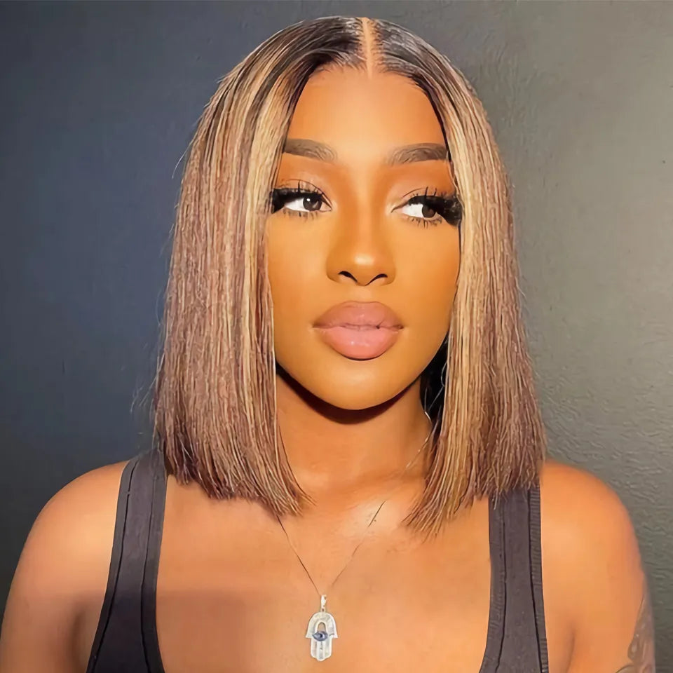 Gluna Hair Short Bob Wigs 4/27  Brown and Honey Highlight Color Straight Human Hair 13x4 HD Lace Frontal 5x5 4x4 Lace Closure Bob Wigs For Black Women Brazilian Virgin Hair with Baby Hair Pre Plucked