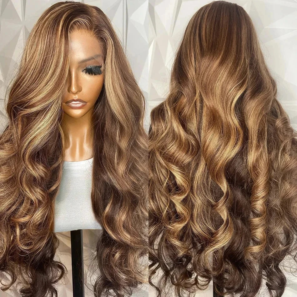 Gluna Highlight #4/27 Brown and Honey Blonde Color 13×4 13x6 HD Lace Frontal Wig Body Wave  Human Virgin Hair