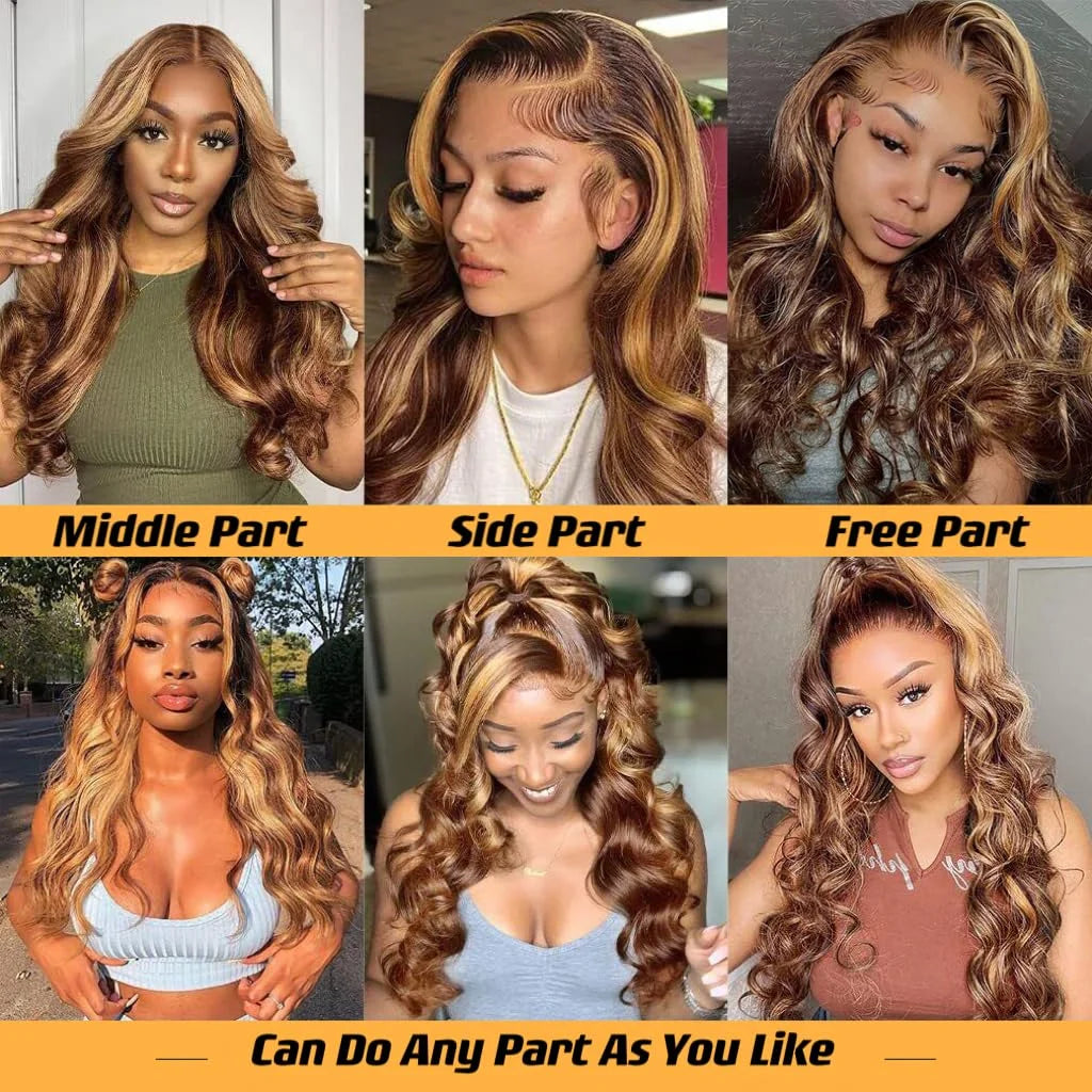 Gluna Highlight #4/27 Brown and Honey Blonde Color 13×4 13x6 HD Lace Frontal Wig Body Wave  Human Virgin Hair