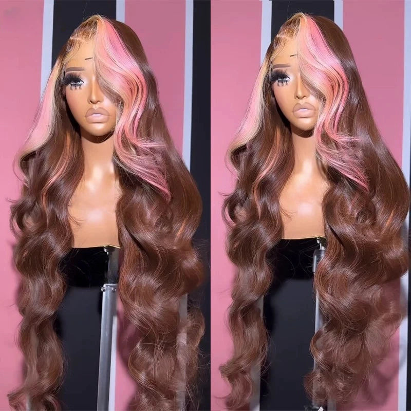 Gluna Hair New Arrival TL Pink chocolate Brown Color Body Wave Human Wavy Wig