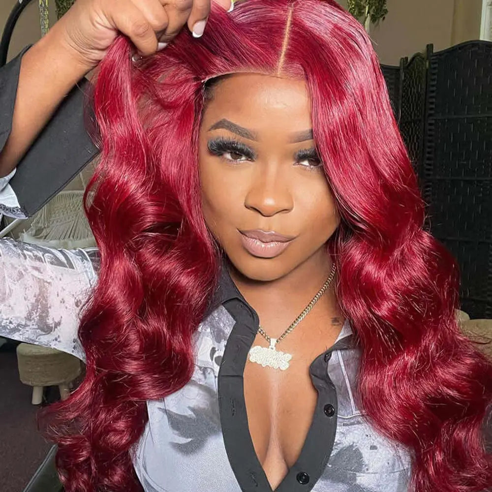 Gluna Glueless 13x4 HD Lace Wear Go Body Wave Wig Burgundy Color Tiny Knots Pre-Bleached