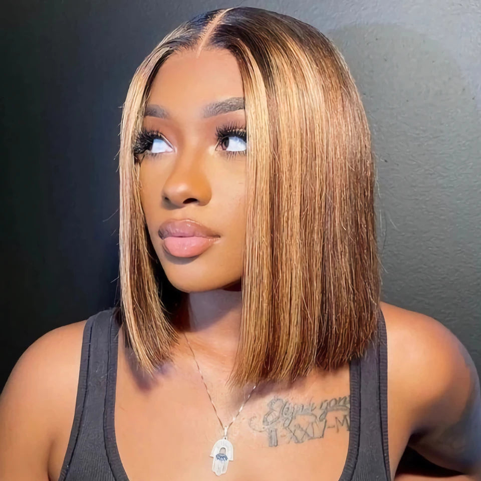 Gluna Hair Short Bob Wigs 4/27  Brown and Honey Highlight Color Straight Human Hair 13x4 HD Lace Frontal 5x5 4x4 Lace Closure Bob Wigs For Black Women Brazilian Virgin Hair with Baby Hair Pre Plucked