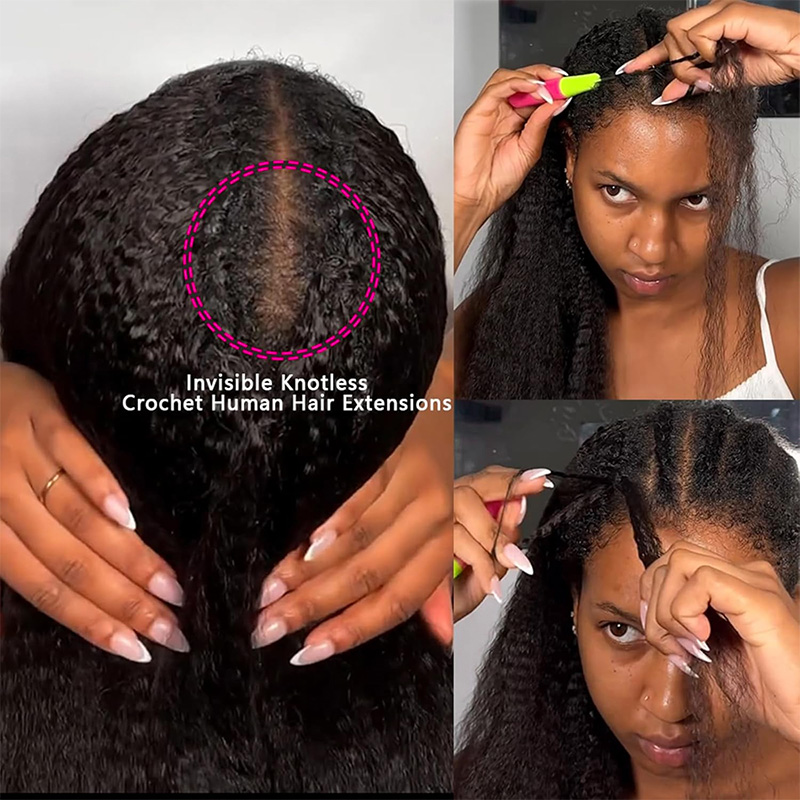 Kinky Straight Human Crochet hair Knotless Pre-Separated Feather Crochet Hair Extensions 100% Human Hair Natural Color