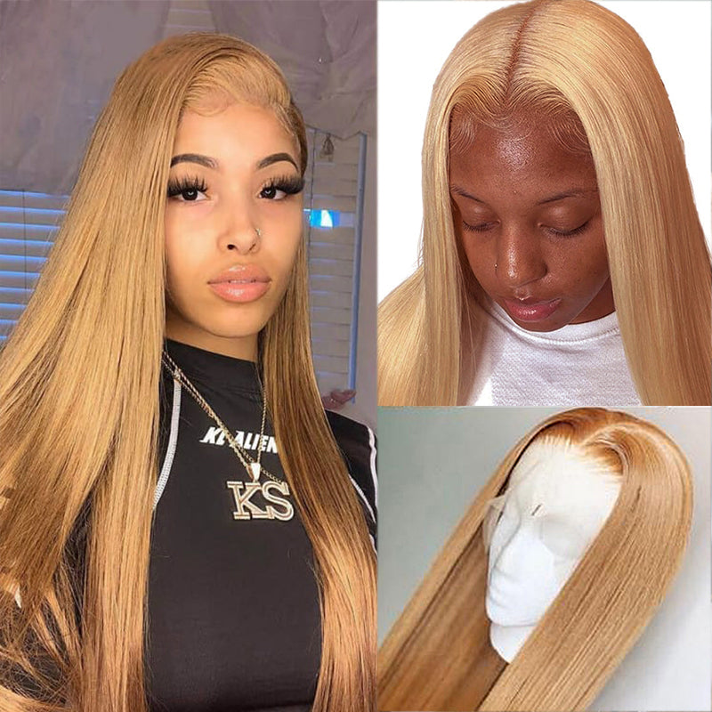 Gluna Glueless 13x4 HD Lace Wear Go Straight Wig Honey Blonde #27 Color Tiny Knots Pre-Bleached